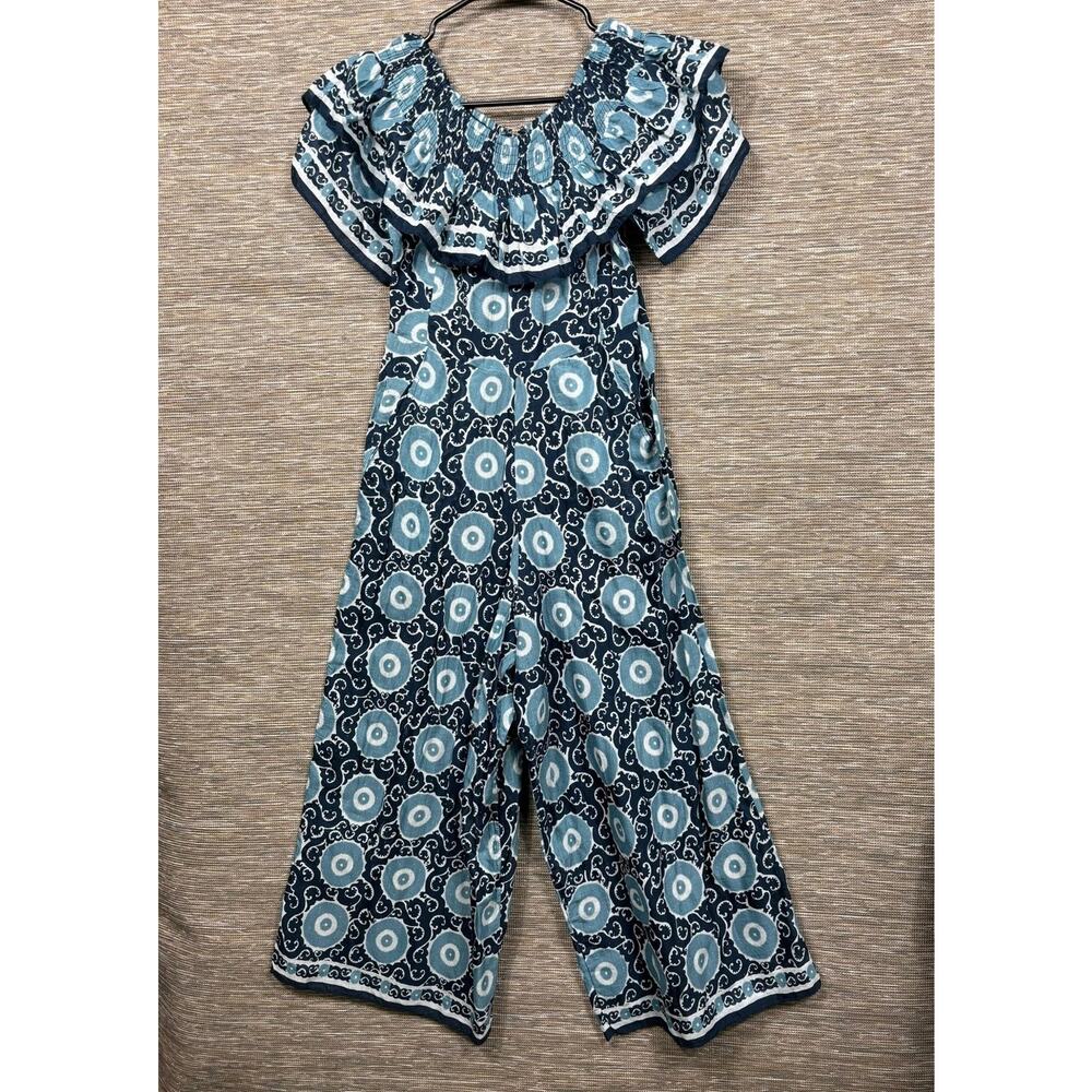 Kopal Jumpsuit Womens XS Blue Geometric Ruffle Off Shoulder Wide Leg Boho Casual